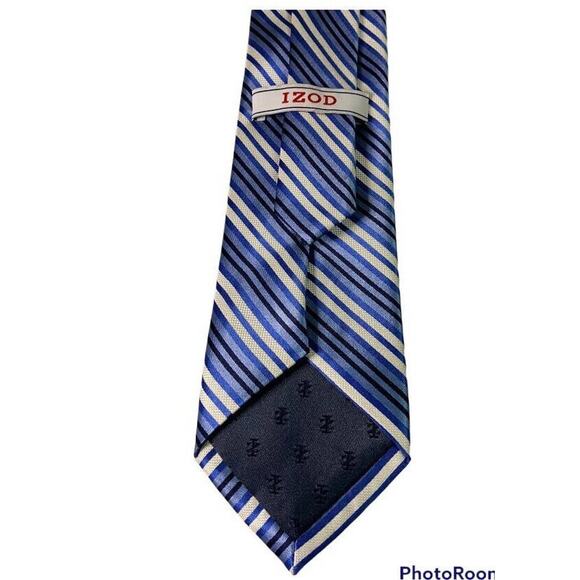 Izod Mens Tie Blue Stripes 100% Silk, Formal, Business, Nautical, White - Picture 3 of 7